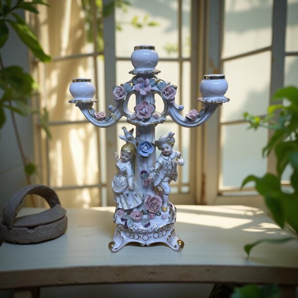 Vintage Porcelain Candelabra Roses and Romance Capodimonte Style Cottagecore Dra - Picture 11 of 12